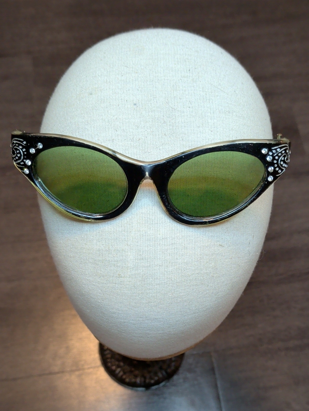 Vintage 50s Cateye Sunglasses Olive Green w/ Crystals MCM Rx Ready Glasses
